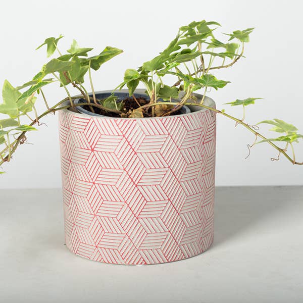 Red Geometric Cement Planter Pot