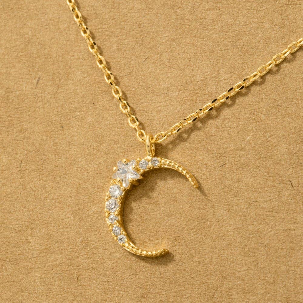 Pave Crescent Moon Pendant Necklace: S