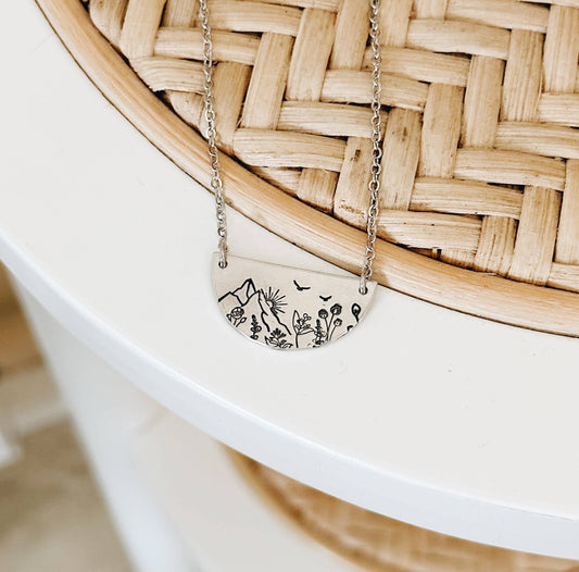 Sunrise Mountain Botanical Semi-Circle Necklace: NuGold