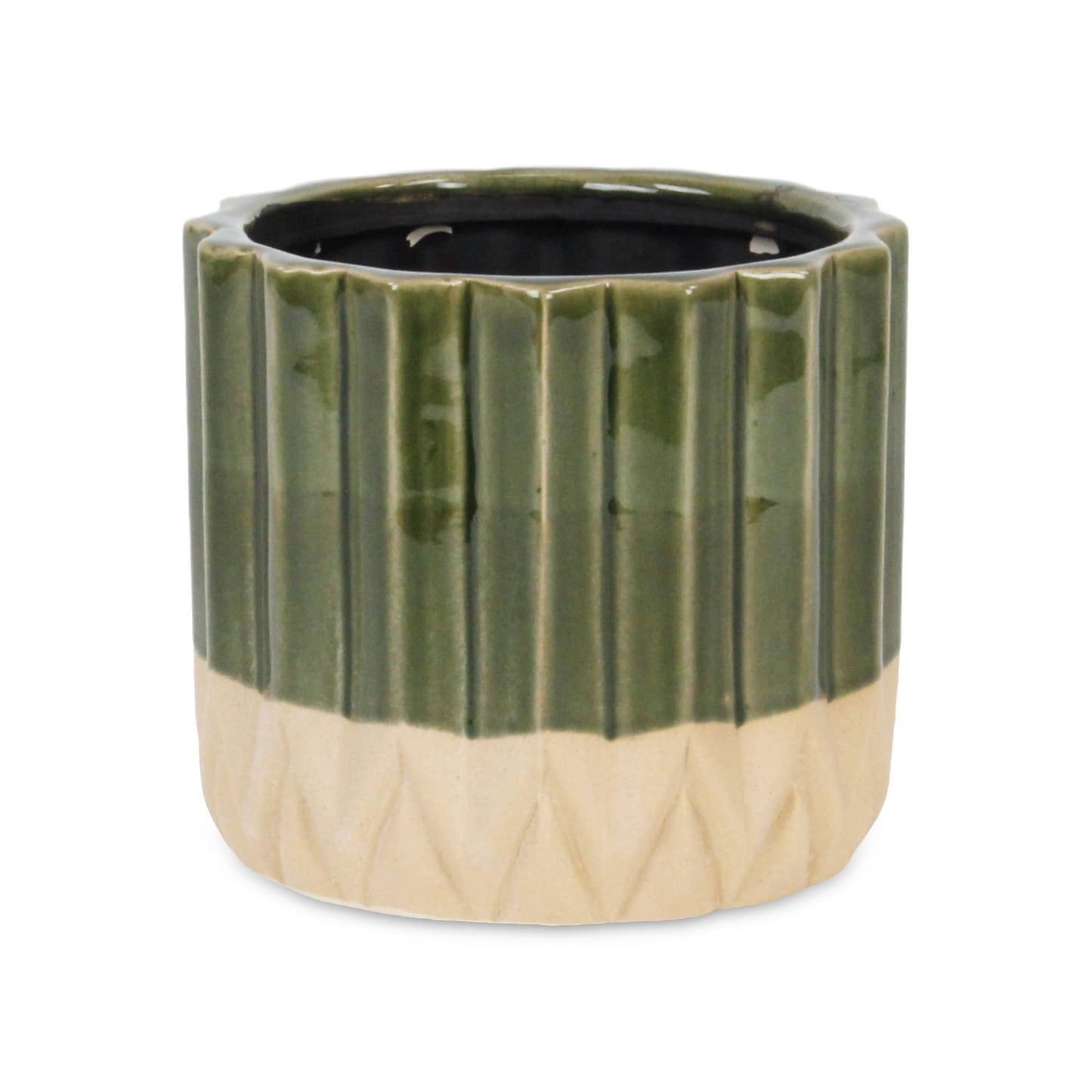 Green and Cream Geometric Ceramic Pot- 6"