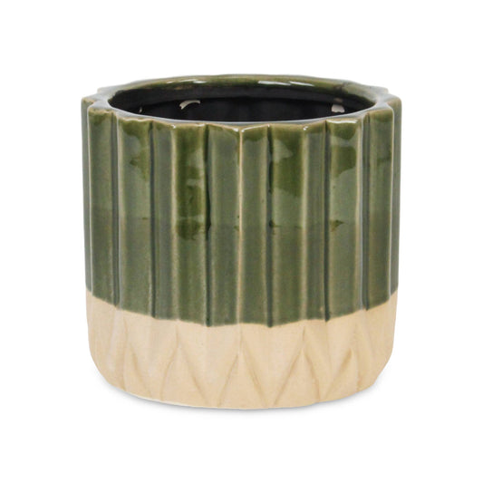Green and Cream Geometric Ceramic Pot- 6"