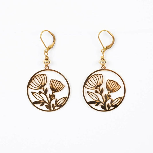 24K Plate Circle Frame Flower Earrings
