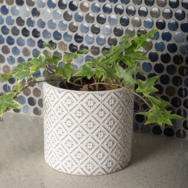 Floral Pattern Cement Planter Pot-Grey/White