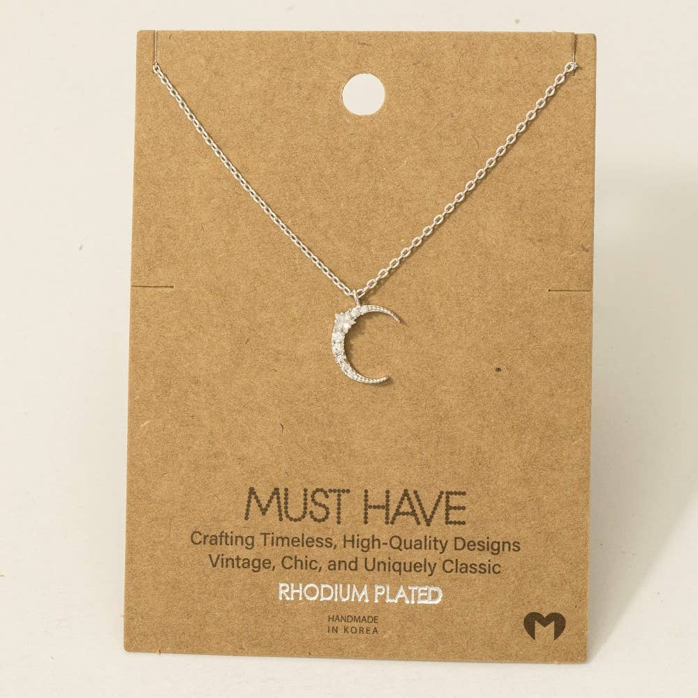 Pave Crescent Moon Pendant Necklace: S
