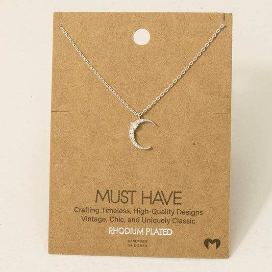 Pave Crescent Moon Pendant Necklace: S