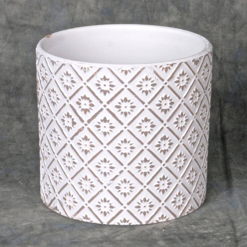 Floral Pattern Cement Planter Pot-Grey/White