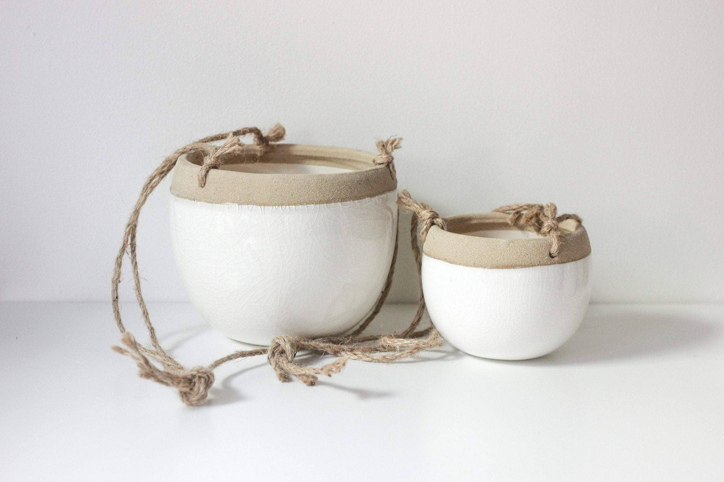 Ceramic Hanging Planter Pot White and Beige: 5"