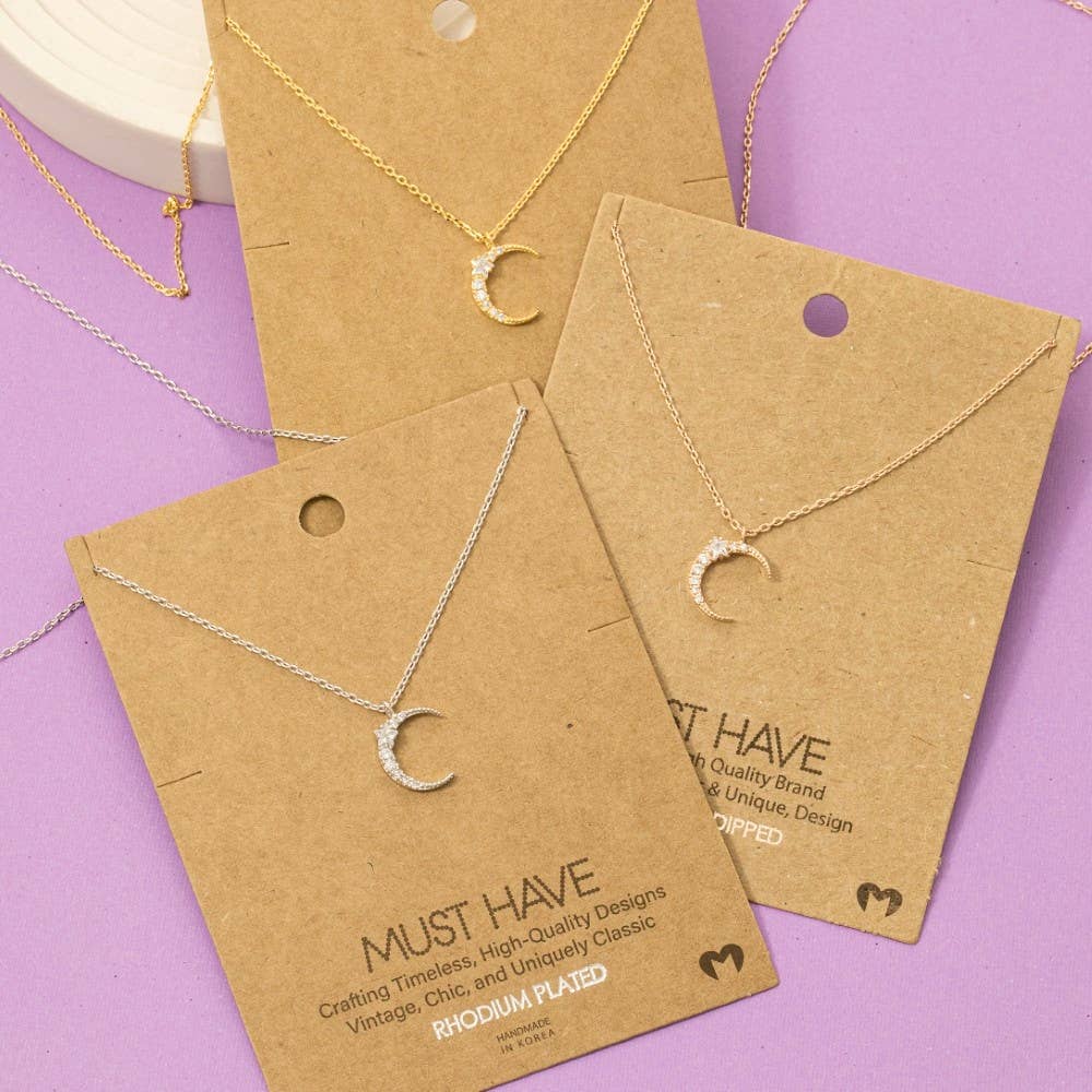 Pave Crescent Moon Pendant Necklace: S