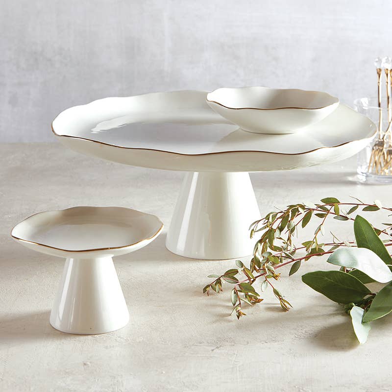 White Pedestal Tray with Gold-Large