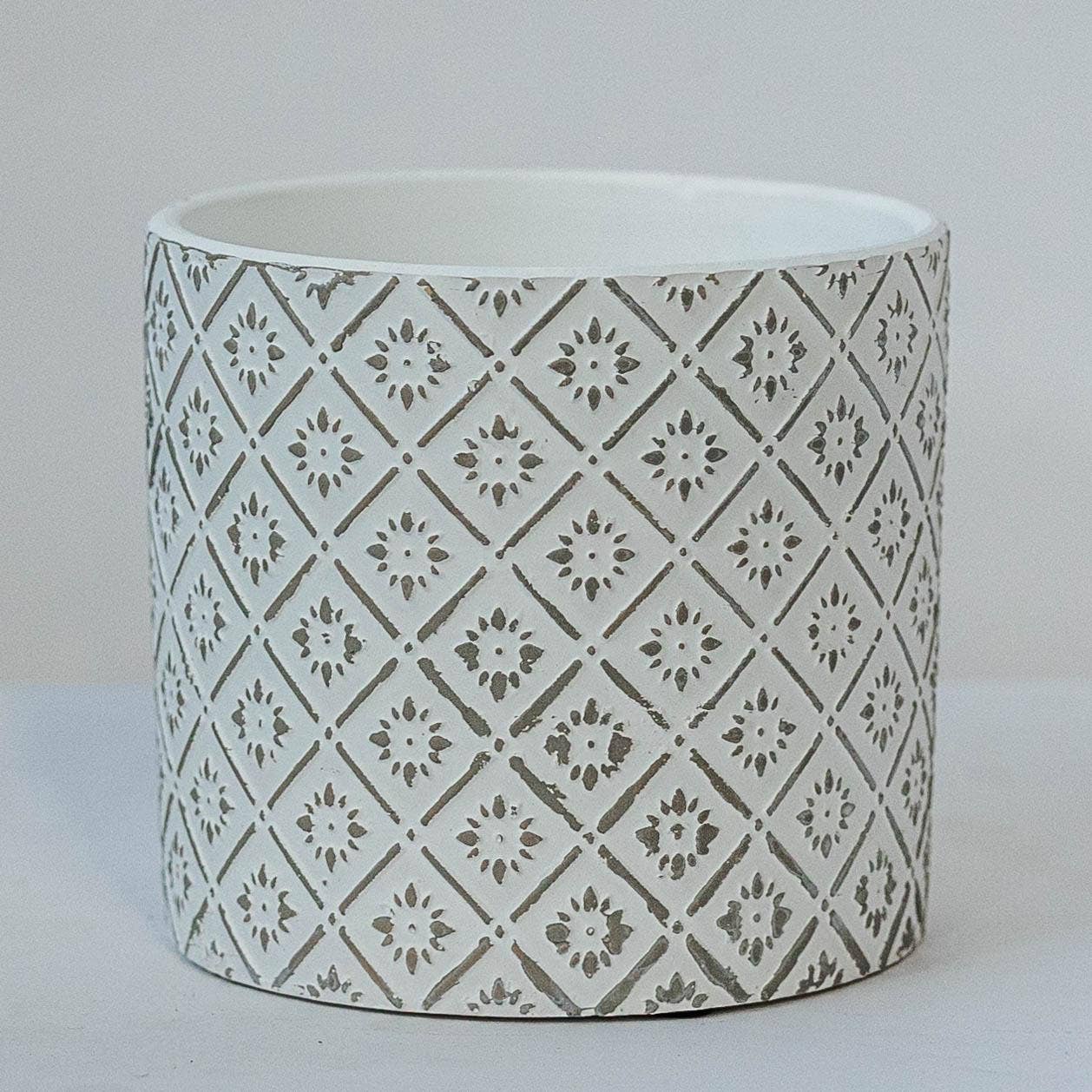 Floral Pattern Cement Planter Pot-Grey/White