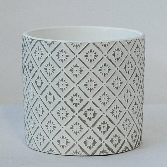 Floral Pattern Cement Planter Pot-Grey/White